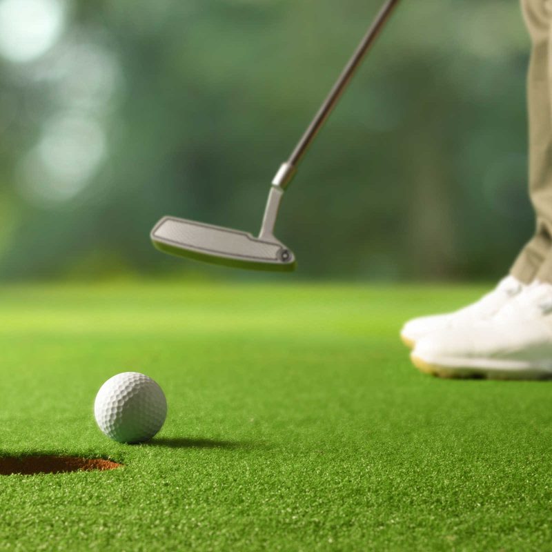 Close-up golf ball after putting to the hole.