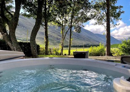 A hot tub at one ofGlen Clova Hotels lodges with stunning views out over Glen Clova