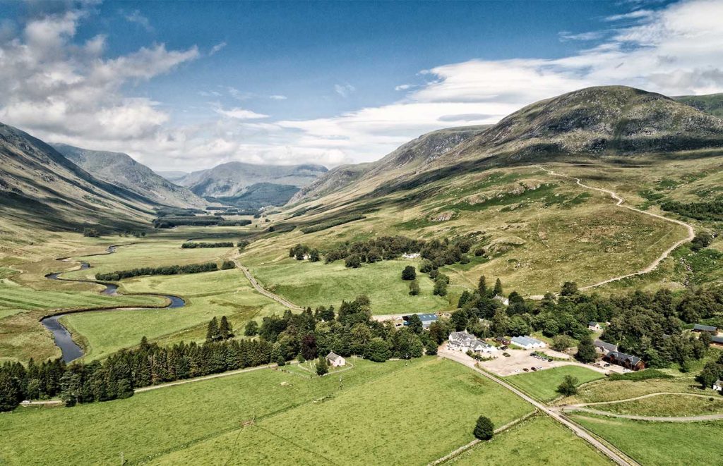 Aerial view of Glen Clova and Glen Clova Hotel and Lodges