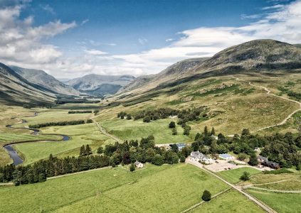 Aerial view of Glen Clova and Glen Clova Hotel and Lodges