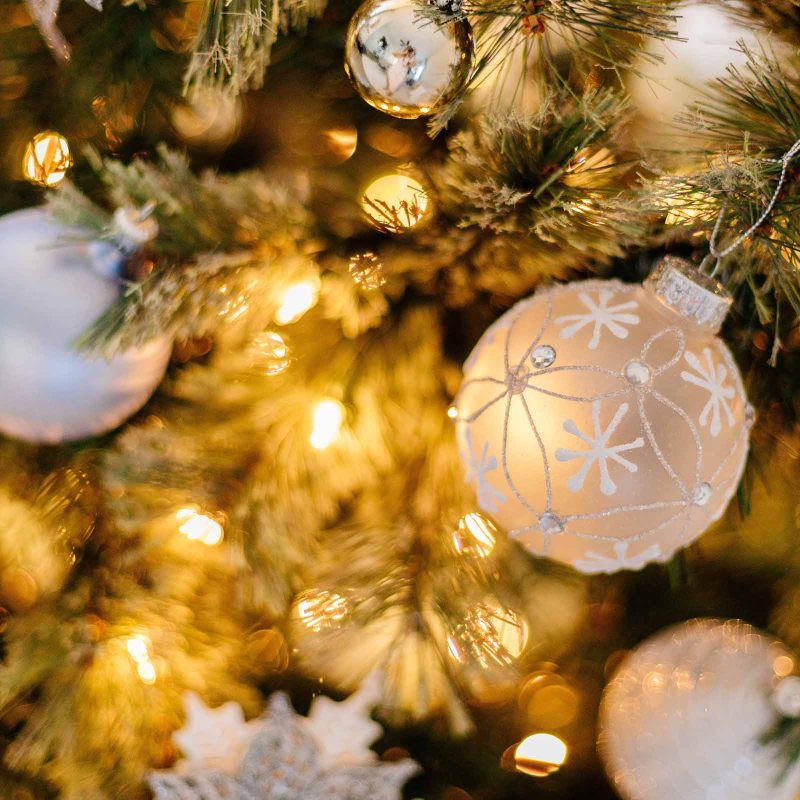 Christmas baubles and lights on a Christmas tree