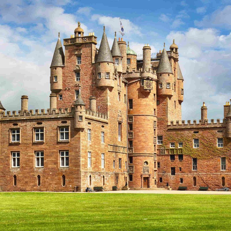 Glamis Castle in Scotland on a sunny day