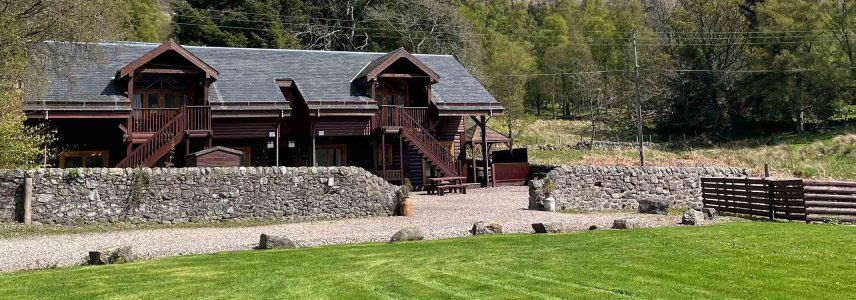 The exterior of two Glen Lodges at Glen Clova Hotel and Lodges in Scotland