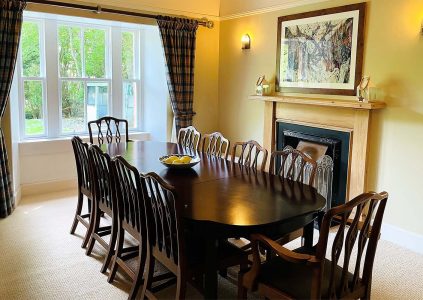 The elegant dining room in The Manse at Glen Clova Hotel and Lodges in Scotland