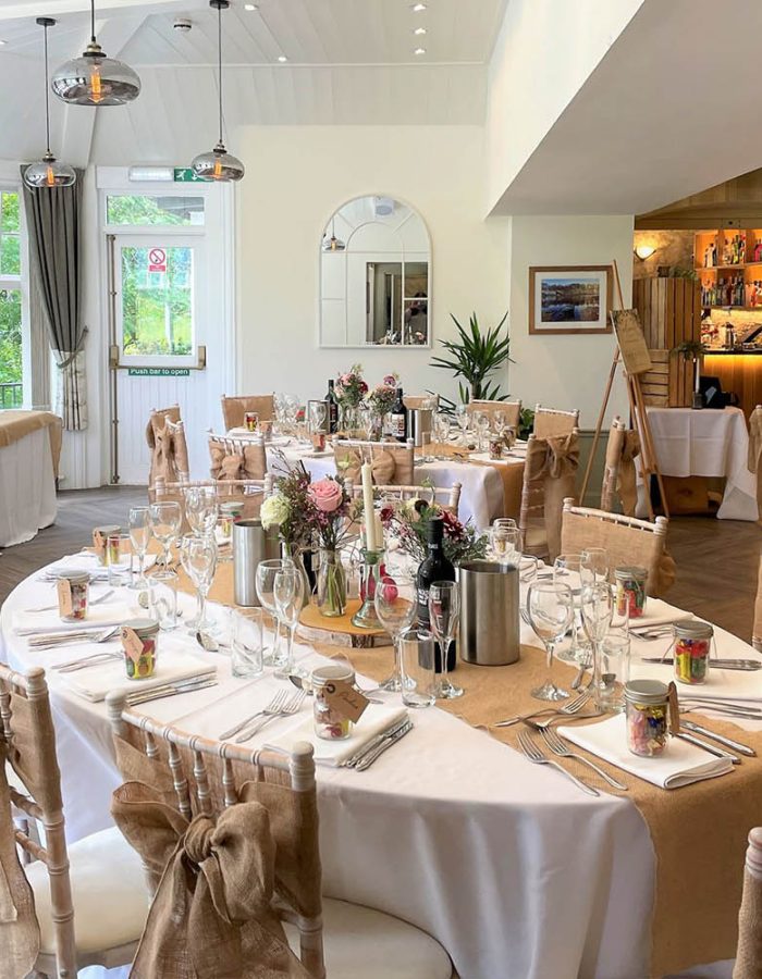 Tables set up for a wedding reception at Glen Clova Hotel