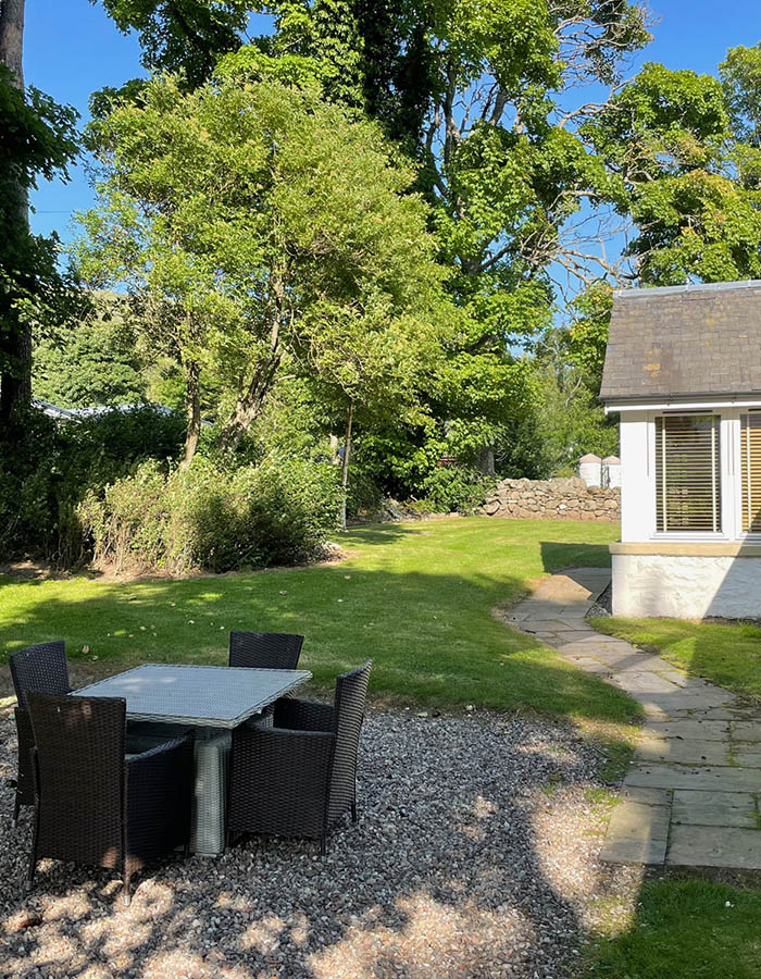 The private gardens at Brandy Cottage at Glen Clova Hotel