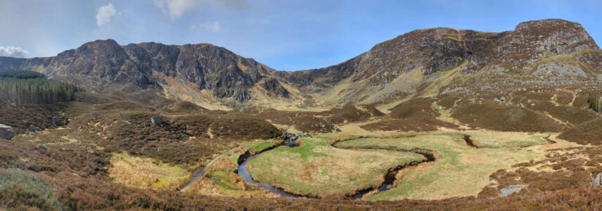 Panorama of the Corrie Fee valley, from Glen Clova