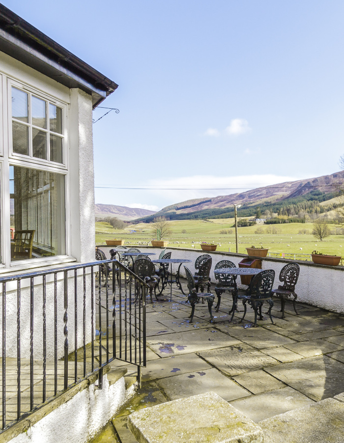 Hotel terrace overlooking the Angus Glens