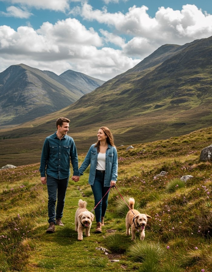 Couple walking with 2 dogs in the countryside