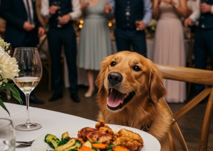 Dog sitting at a wedding table eating a meal