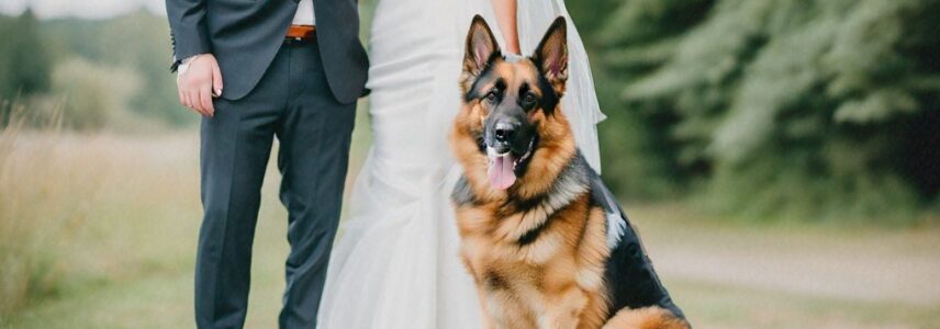 German Shepherd dog with bride and groom