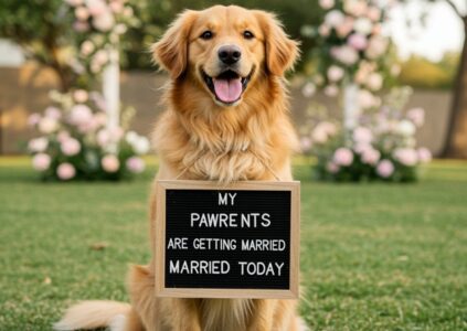 Dog holding up a "Pawrents are getting married" sign