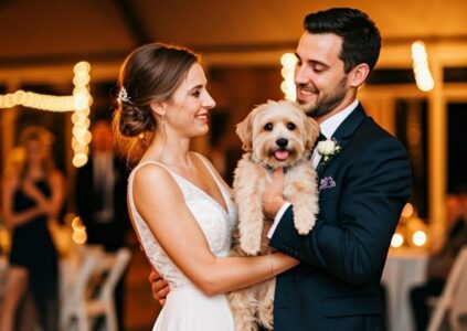 Dog being held by wedding couple whilst dancing