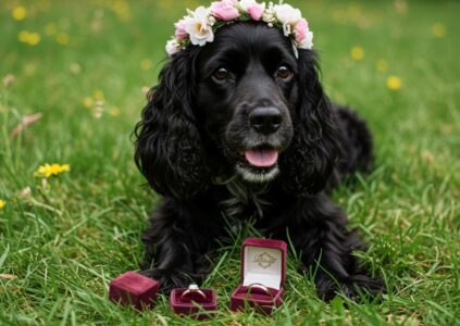 Cocker spaniel dog on grass with wedding rings