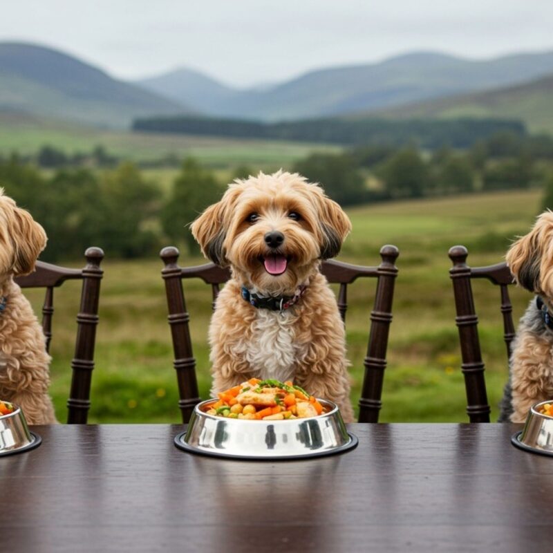 Three dogs sitting at a table outside enjoy a meal